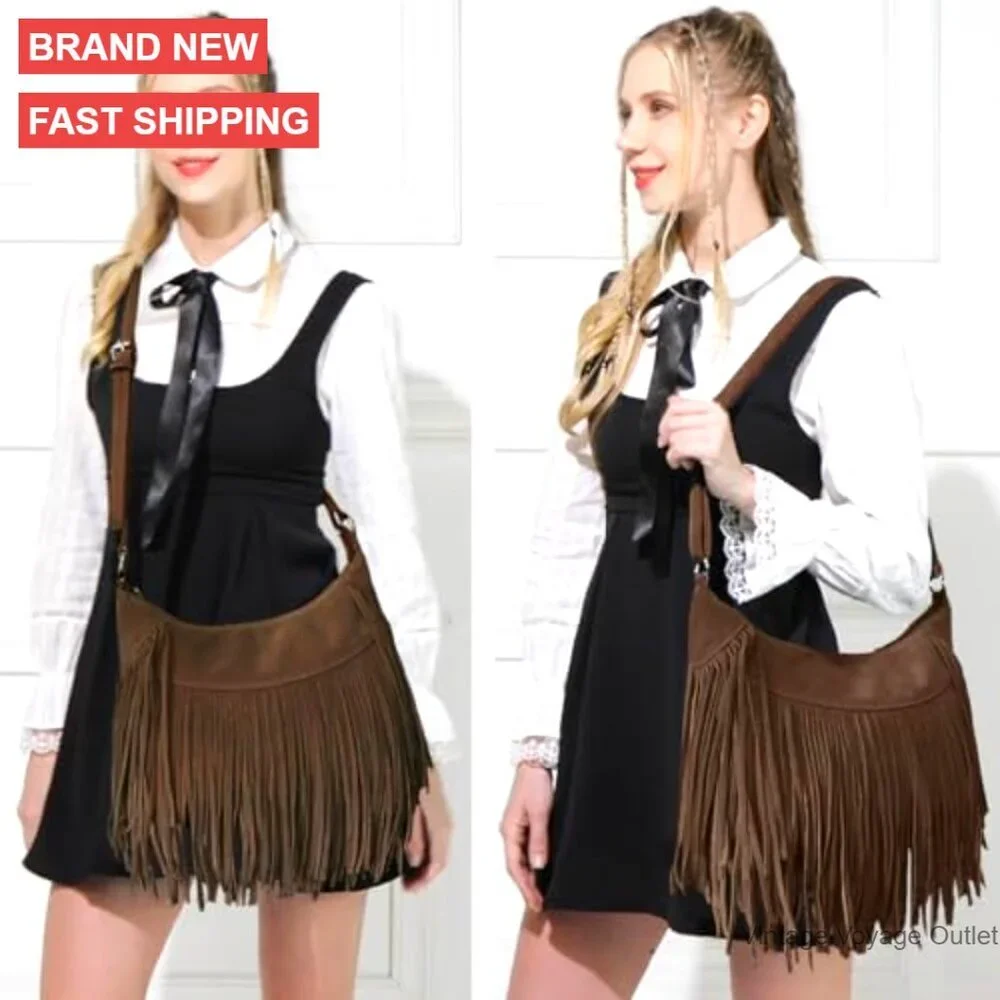 Fringe Hobo Bag Vegan Suede Crossbody Shoulder Purse Medium Size - Picture 2 of 7